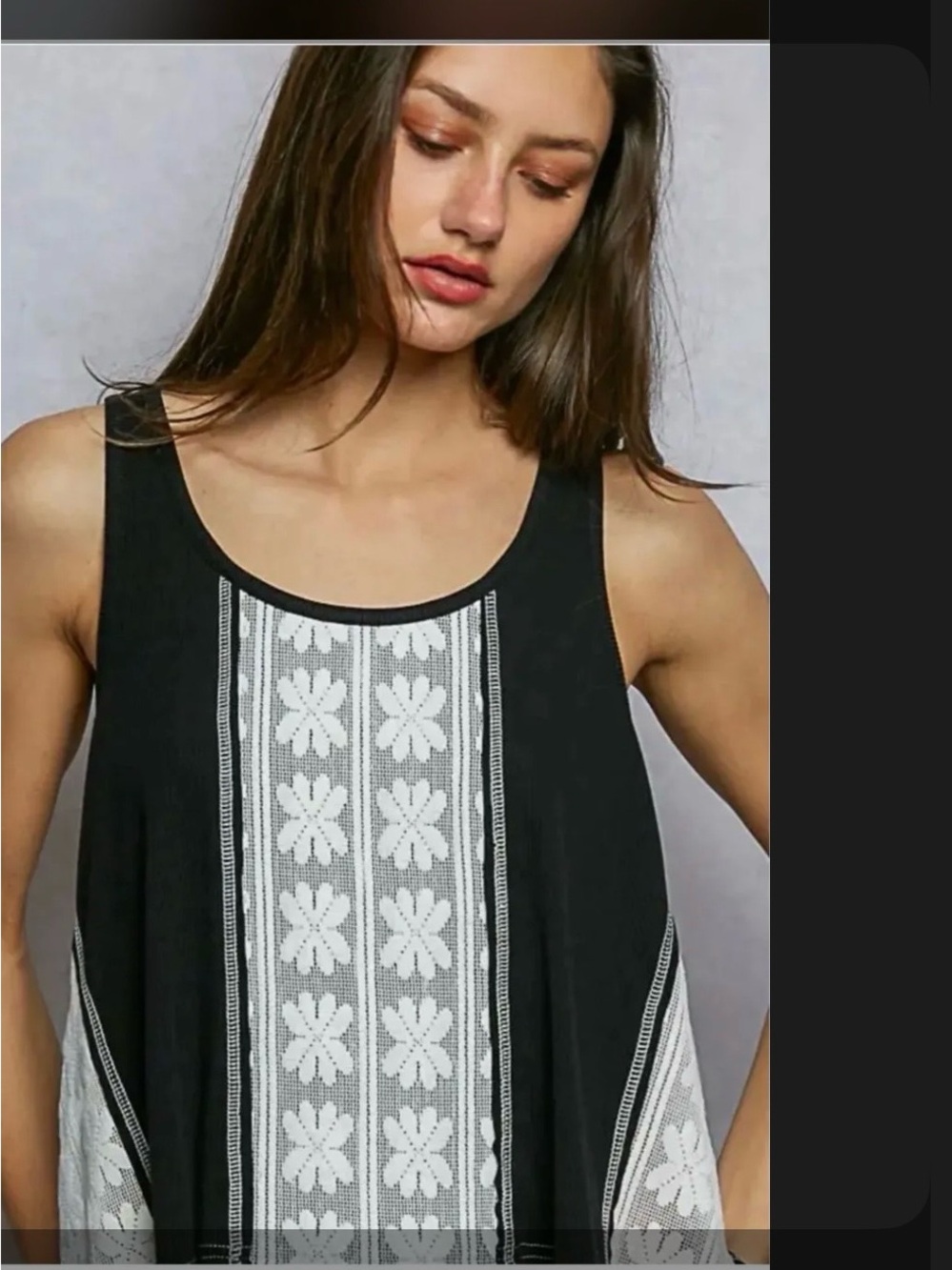 POL Black Tank Top with White Floral Lace Panel